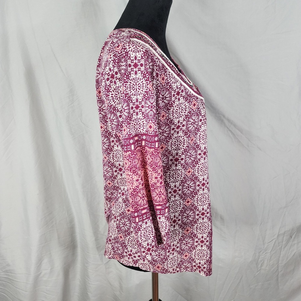RED CAMEL Size Medium 100% Cotton Beaded Pleated Geometric Pink Floral Blouse - Picture 3 of 10